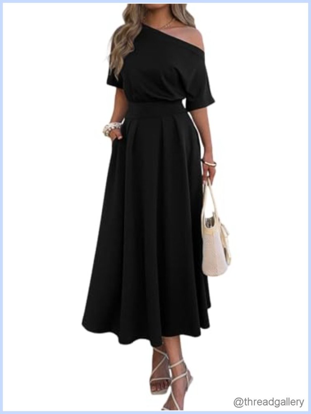 Elegant One Shoulder Empire Waist Maxi Dress with Pockets Batwing Sleeve